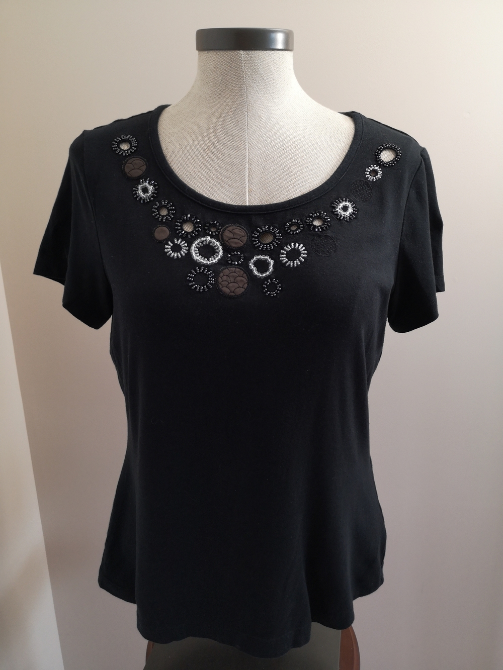 Tribal Black Embellished Short Sleeve Top, Size L